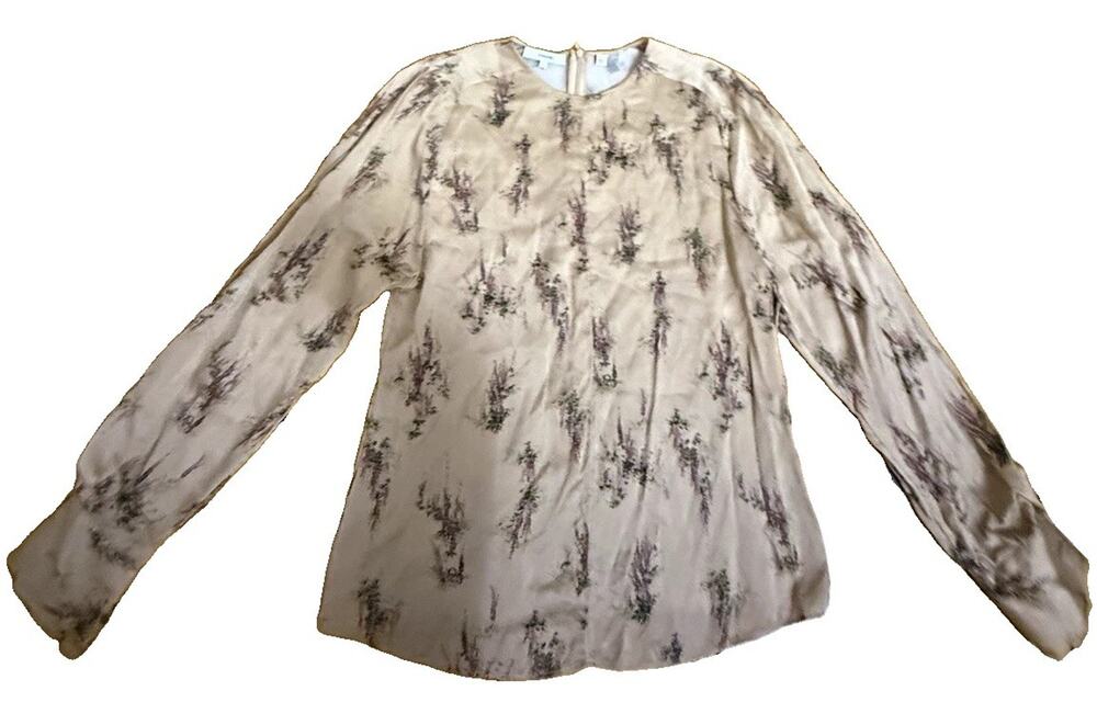 VINCE Women’s Silk Satin Floral Blouse Beige Purple Green Zip Back L/S Size S